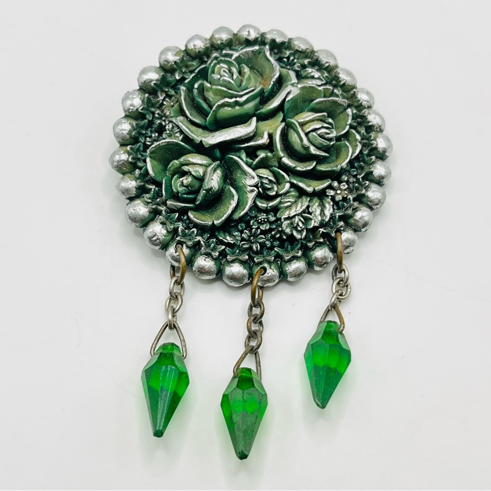 Vintage Costume Jewelry Japan Celluloid Flower Green Glass Pendants Brooch Pin